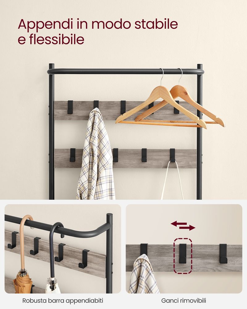 Appendiabiti In Metallo Con 2 Ripiani Portascarpe - 160 Cm, Bianco, Salvaspazio Per Ingresso, Camera Da Letto E Ufficio
