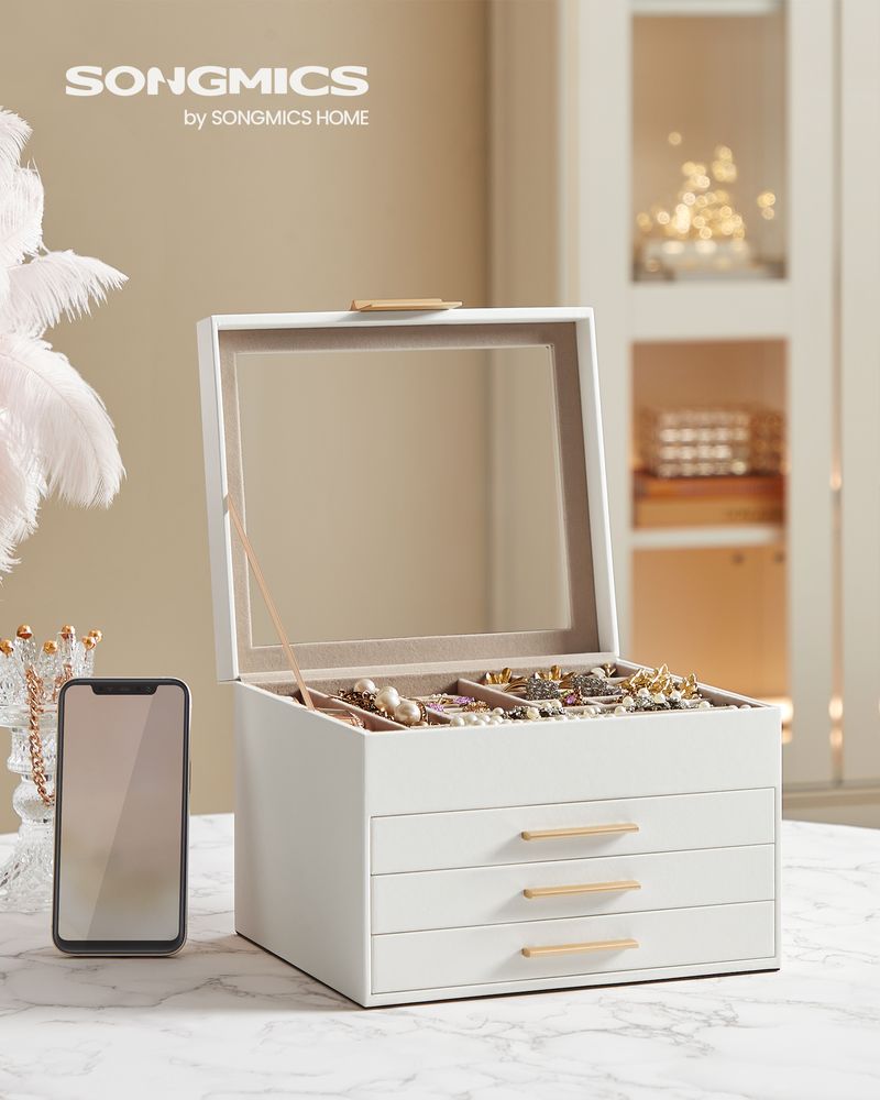 Portagioie In Legno A 5 Livelli Con Specchio | 4 Cassetti E Ganci Per Collane | Design Rustico Marrone | Per Anelli, Orecchini E Bracciali - Foto 5