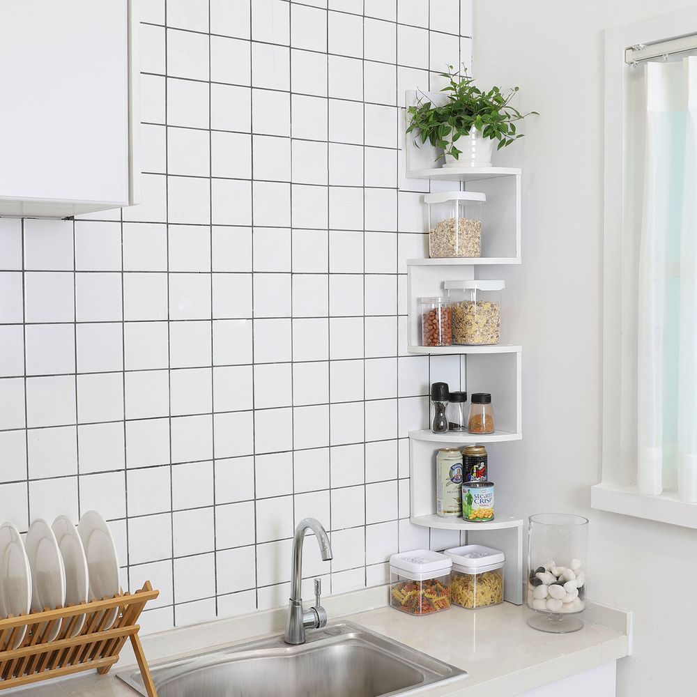 Mensola Angolare Da Parete SKM 40x40x50 Cm – Bianco – Scaffaletto Salvaspazio In Truciolato Per Soggiorno O Cucina