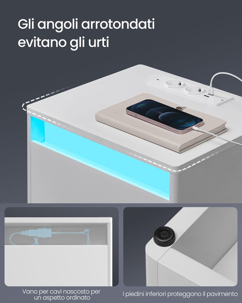 Comodino con stazione di ricarica, illuminazione a LED comodini con 2 cassetti