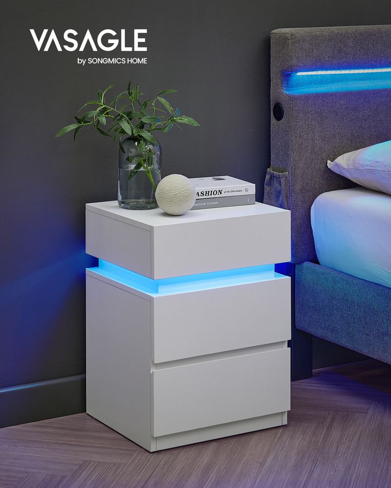 HaodaCulture Comodino collegato, comodino LED con 3 cassetti, 2 prese CA, 2 porte USB con 16 luci LED RGB per soggiorno, camera da letto (45 x 40 x 67 cm