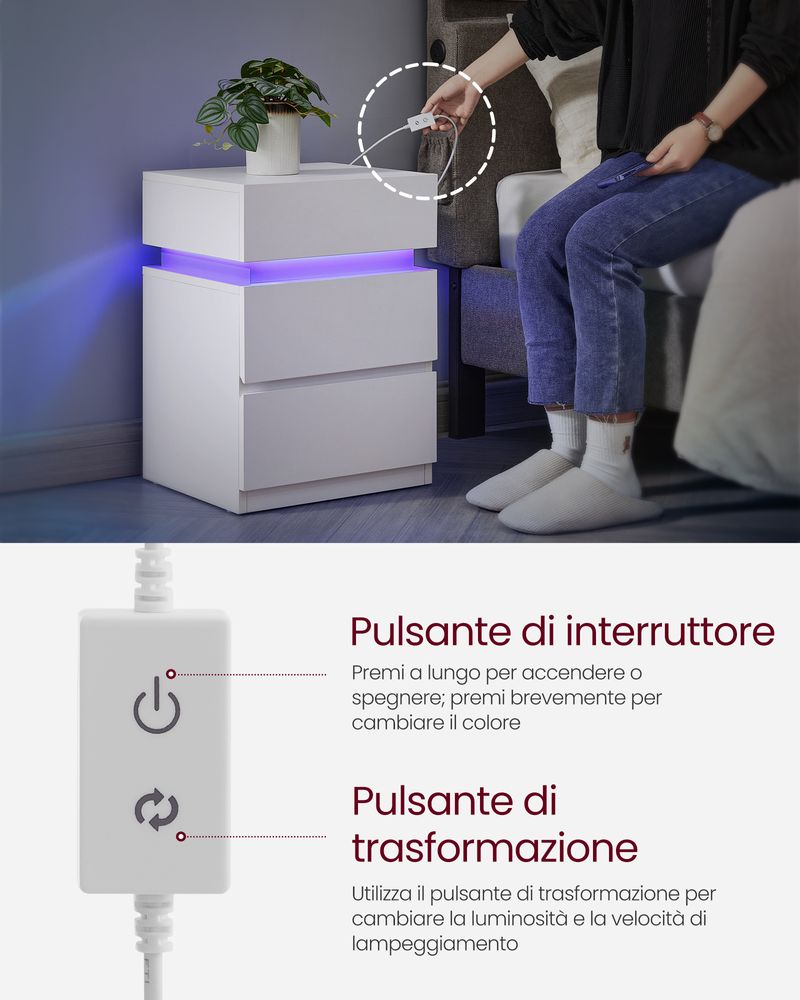 Comodino LED Con 3 Cassetti E Luci Colorate – 45x35x61 Cm – Nero – Con Prese E Porte USB – Telecomando Incluso