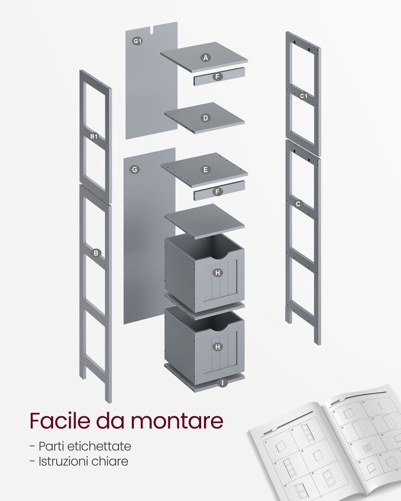 VASAGLE Mobile Alto da Bagno, Armadietto da Bagno, Mobiletto da Bagno, con  2 Cassetti e 3 Scomparti Aperti, 30 x 30 x 141,5 cm, per Bagno, Soggiorno,  Cucina, Grigio Tortora/Bianco