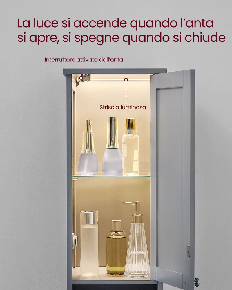 Mobile Da Bagno VASAGLE Con Luce 170cm - Grigio Tortora, Ripiani Regolabili, Salvaspazio - Foto 11