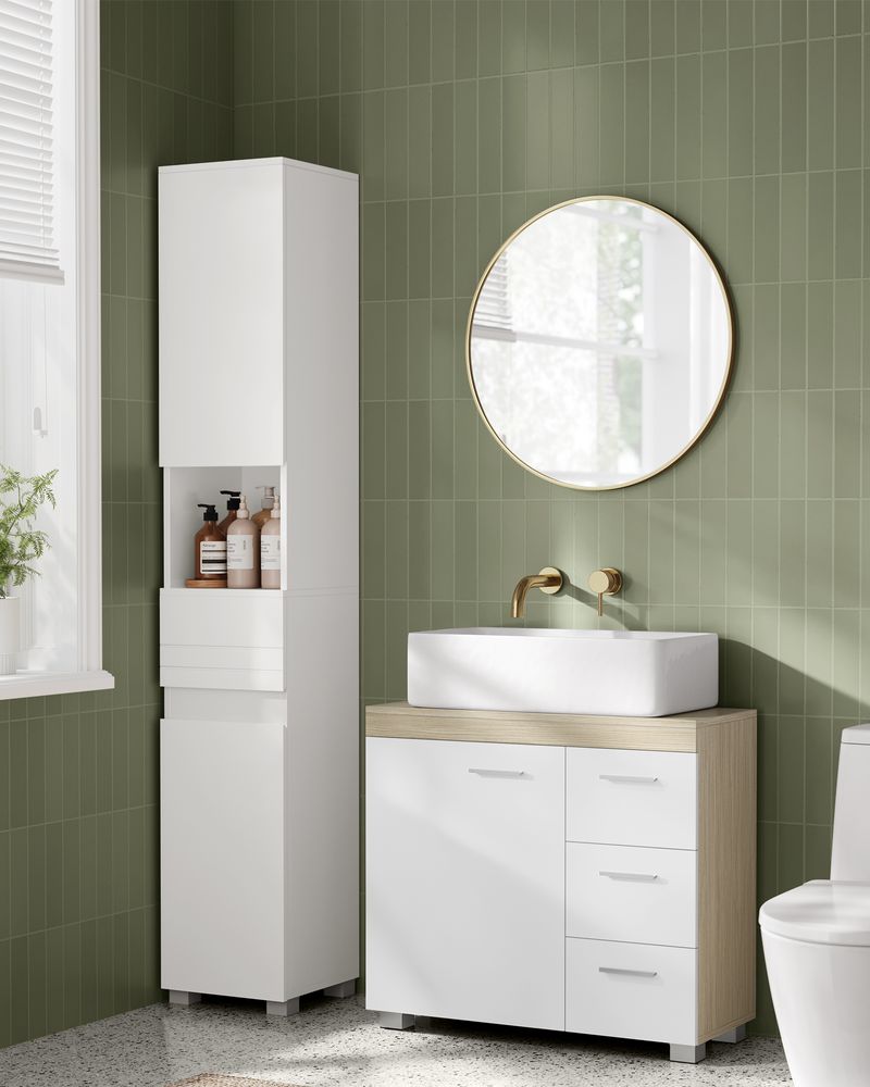 Mobile Sottolavabo Per Bagno | 90x30x60 Cm | Bianco | Cassetti E Ripiani Regolabili | Impermeabile - Foto 3