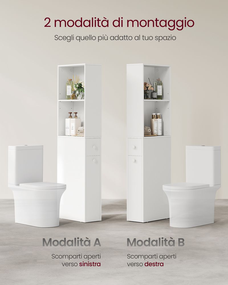 Mobile Bagno Stretto VASAGLE SIREN – 20x18x80 Cm, 2 Ante Reversibili, Ripiani Regolabili, Bianco Nuvola