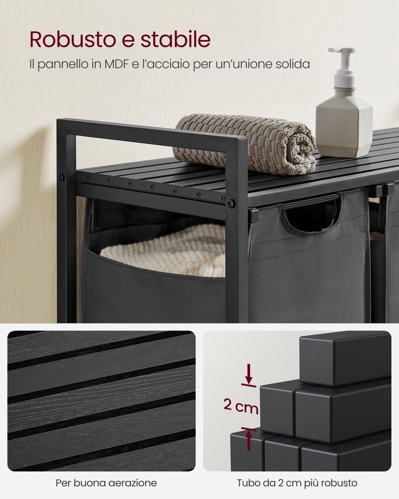 Herture Cesto portabiancheria a 3 sezioni con ripiano a 4 ripiani, sacchetti per la biancheria estraibili e rimovibili, grande, 3 x 60 litri, per lavanderia bagno rustico marrone PF05XLN