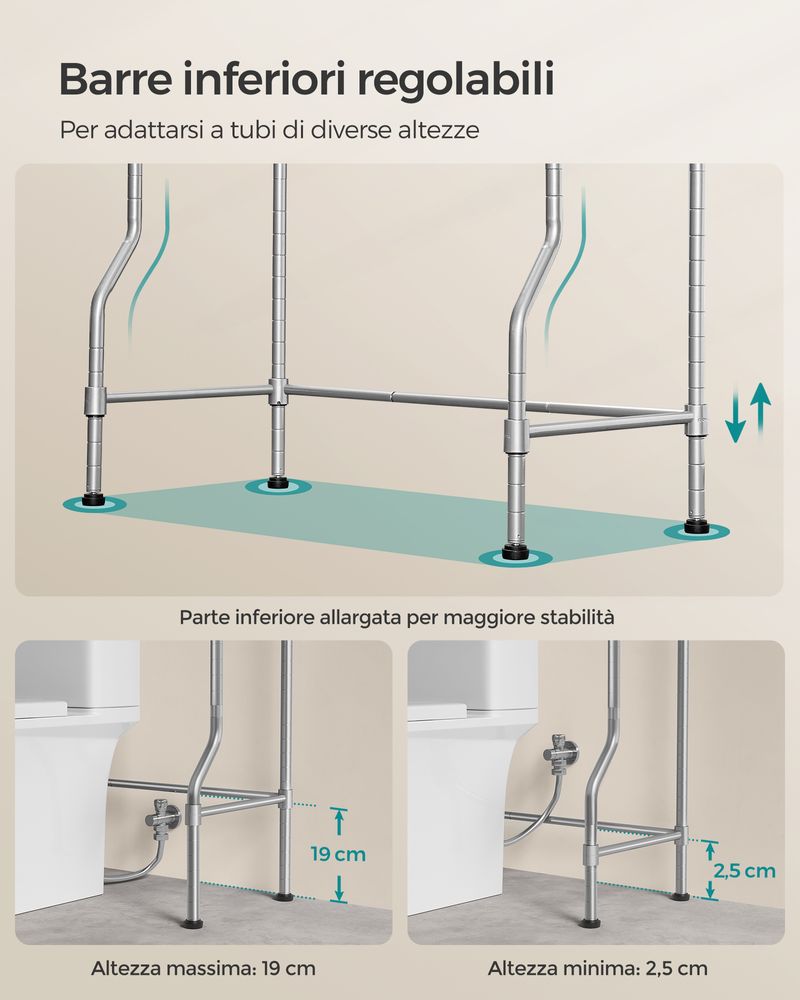 Scaffale Bagno Salvaspazio a 3 Ripiani, Scaffale Multifunzione per Bagno, Scaffalatura Portaoggetti con Protezione Antiribaltamento, Scaffale sopra Lavanderia/WC con Ganci (Bianco A 55×26×165 cm