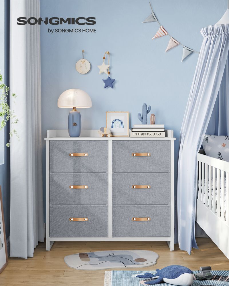 DUMOS Cassettiera camera da letto con 7 cassetti in tessuto, organizer alto per vestiti, armadio, cameretta dei bambini, torre con armadio, struttura in metallo, pannello in legno, mobili leggeri per