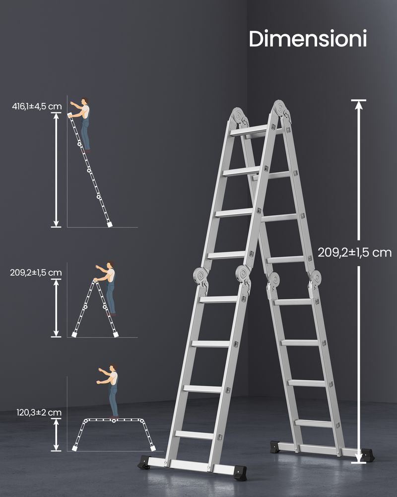 Scala multifunzione essenza everest 4x3 in alluminio con portata massima 150 kg 27x35x92 cm