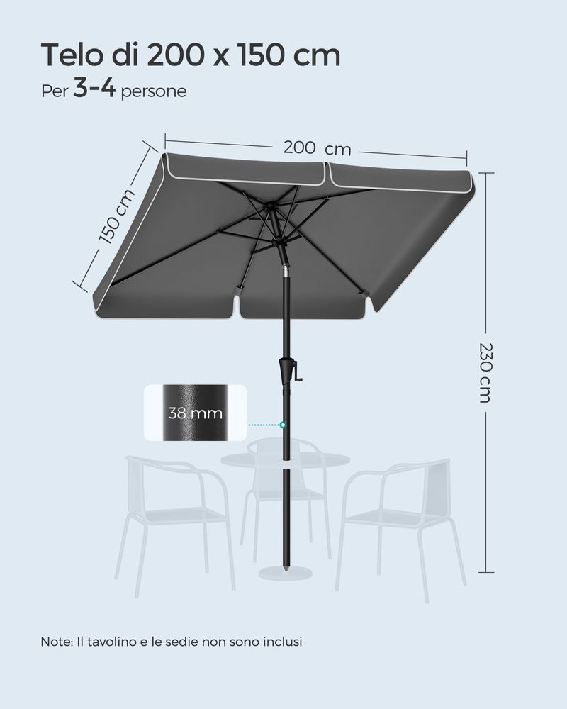Ombrellone da giardino Sol 2 - Rettangolo - 2 x 3 m - Grigio + base