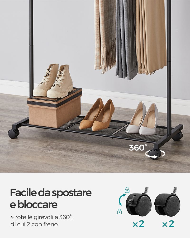 Appendiabiti con scarpiera a 2 ante, ganci in metallo e specchio - nero
