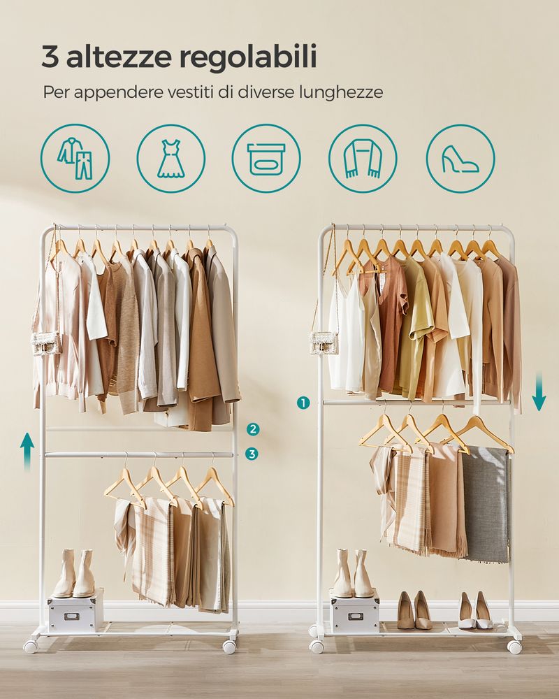 Appendiabiti Doppio SONGMICS Con Rotelle - Largo 91 Cm, Ripiano Portaoggetti, Portata 20 Kg | Nero - Foto 6