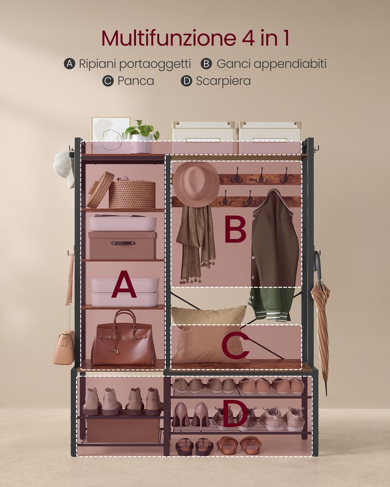 TINKLE WELL Appendiabiti 3 In 1 Con Panca, Ripiani E Organizer Per Scarpe - Telaio In Metallo 190x68,6x34 Cm, Nero - 4