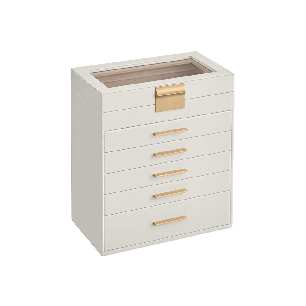 Scatola Porta Occhiali Da Sole A 3 Livelli – 24 Scomparti, Coperchio In Vetro, Lucchetto, Bianco, 34x25x19 Cm, Anche Per Gioielli