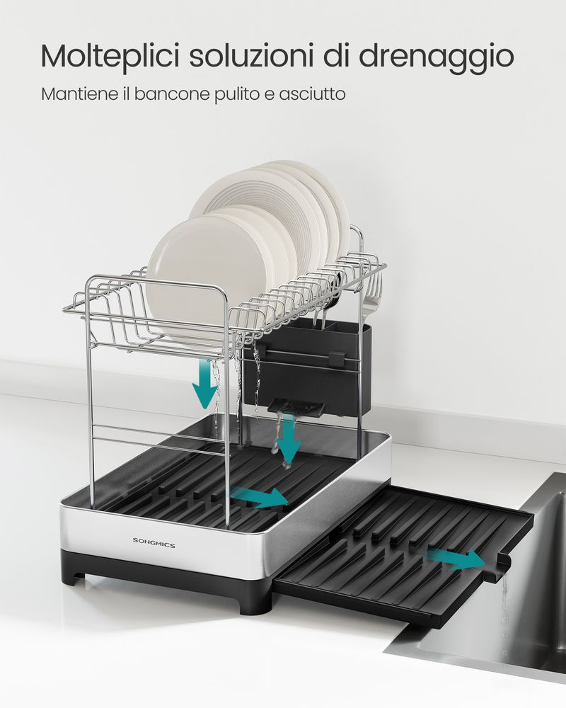 Scolapiatti Compatto In Acciaio Inox 38cm Con Portaposate E Beccuccio Girevole – Salvaspazio Per Piccole Cucine, Anti-Ruggine