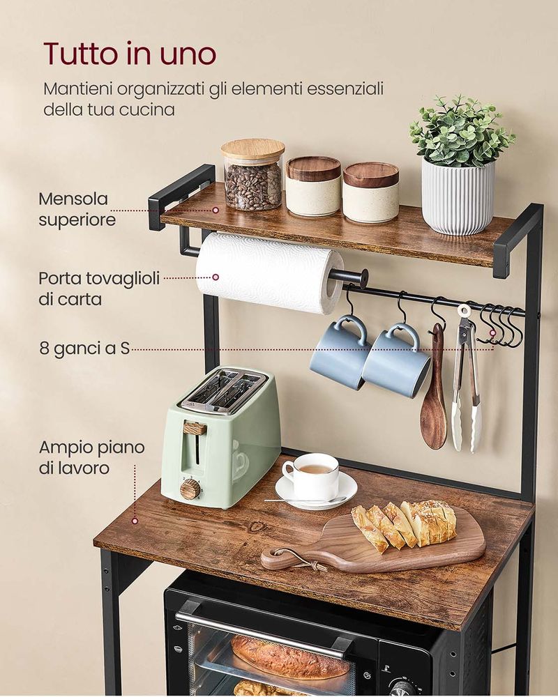 Scaffale Da Cucina Con Prese Elettriche - 48x35x135 Cm, Marrone Vintage/nero, Con Portabottiglie, Ganci E Ripiani, Supporto Fino A 30 Kg Per Ripiano