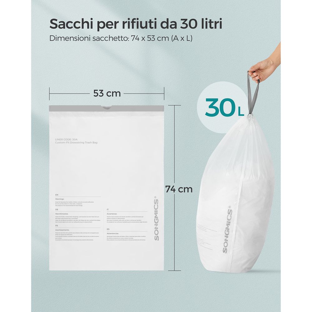 SONGMICS 45 Sacchetti per Spazzatura 30L con Manici a Cordoncino