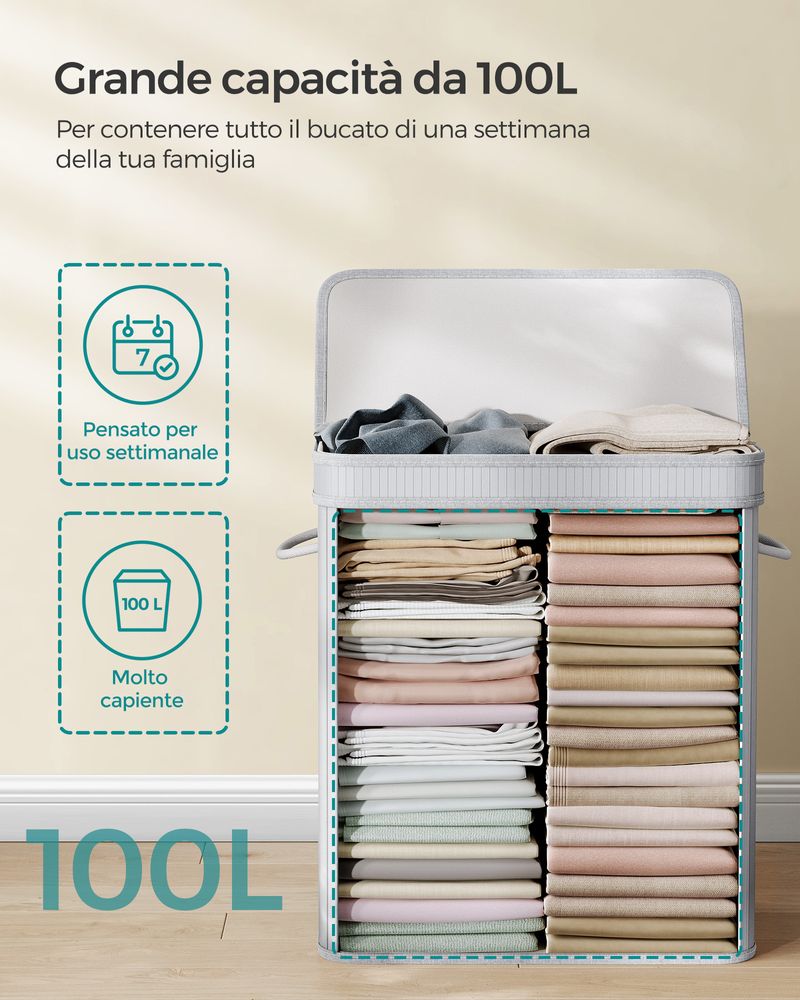 Cesto portabiancheria intrecciato a mano con coperchio in stile rattan con 3  scomparti separati Colore grigio Songmics - Habitium®