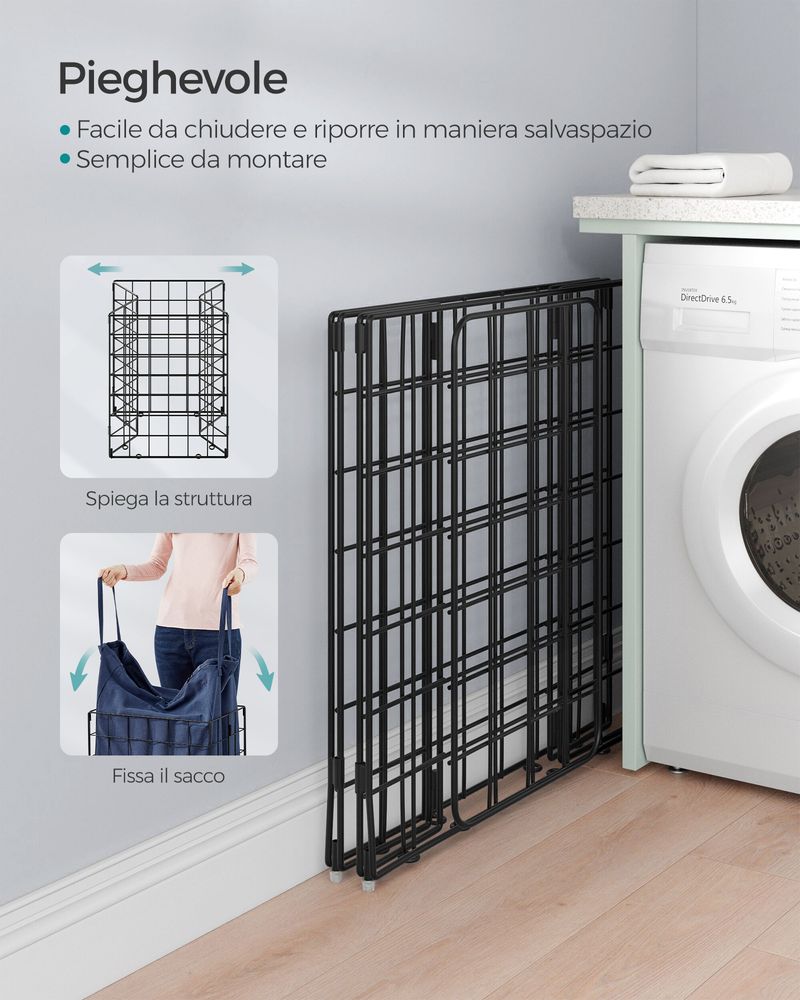Cesto Portabiancheria Pieghevole Grande 90L: In Tessuto Oxford Nero, Con Manici, Per Bagno E Camera Da Letto - 4