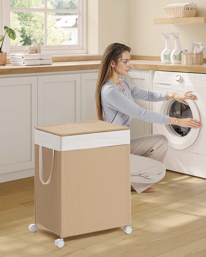 Cesto Portabiancheria Con 6 Sacchetti Estraibili, Ripiano Superiore, Struttura In Metallo, Beige, 6 Scomparti - 2