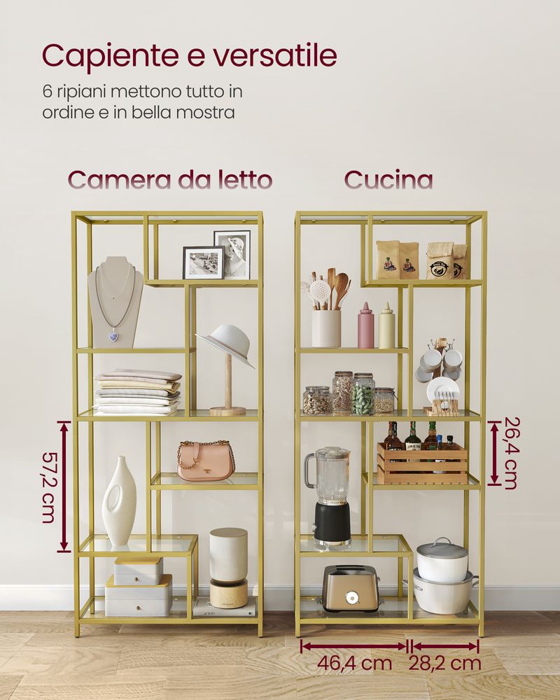 VASAGLE Libreria Verticale a 7 Ripiani Oro Metallico