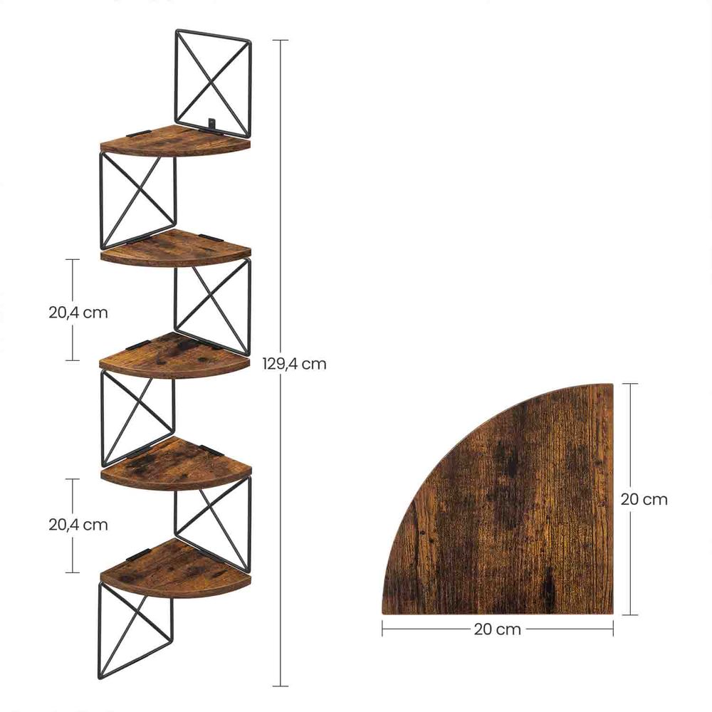 Scaffale Angolare a 5 Ripiani, Mensola Angolare da Muro, Libreria Scaffale Angolare in Legno, Portaoggetti Mensola per Camera da Letto Soggiorno Cucina Studio Ufficio, 20×20×123 cm (Marrone vintage