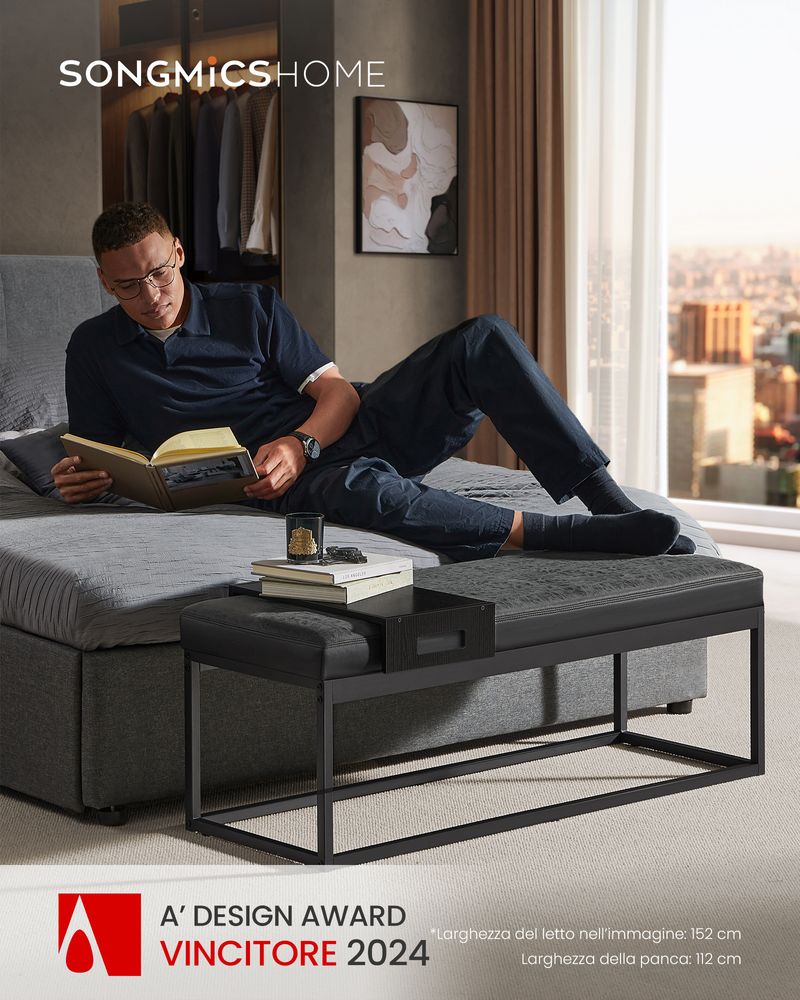 Panca Piede Letto In Metallo Nero Con Seduta In Lino Beige - 64x68x30 Cm, Altezza Seduta 46 Cm