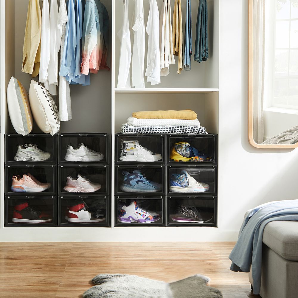 6 Scatole Porta Scarpe Impilabili Trasparenti - Organizer Per Armadio, Plastica Spessa, Con Cornice Blu