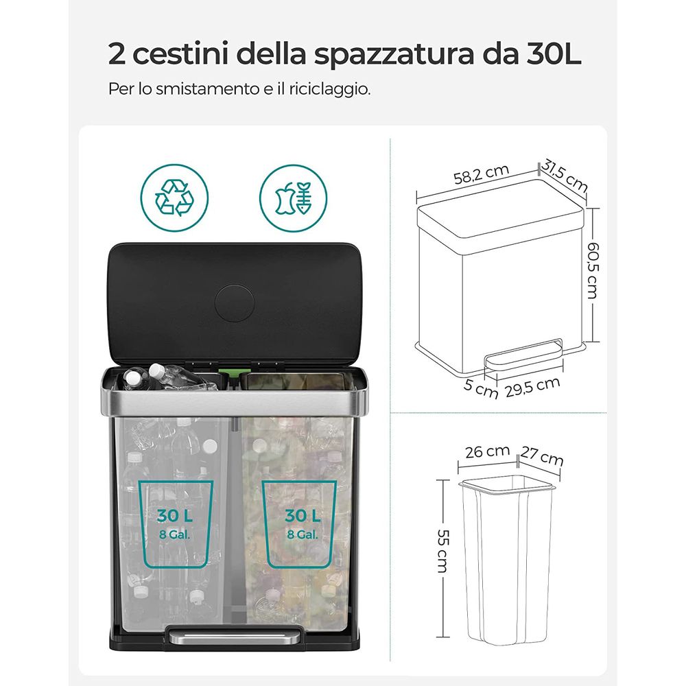 SONGMICS Pattumiera a Doppio Secchio in Plastica 2 x 20L