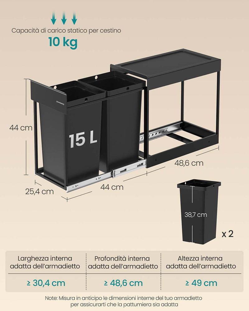 Pattumiera Estraibile 2 Scomparti Per Cucina Sottolavello - 2 X 20 Litri, Sistema Raccolta Differenziata Con Guide Telescopiche, Cassonetti In Plastica