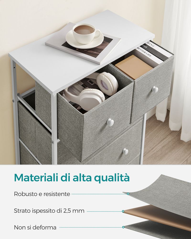 SONGMICS Cassettiera, Mobiletto con 5 Cassetti in Tessuto Grigio Chiaro e  Bianco