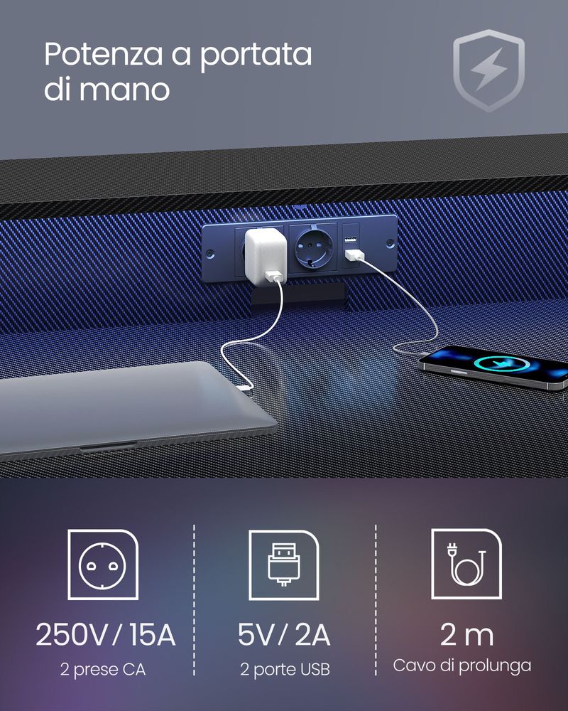 VASAGLE Scrivania da Gaming con Luci LED e Prese di Corrente