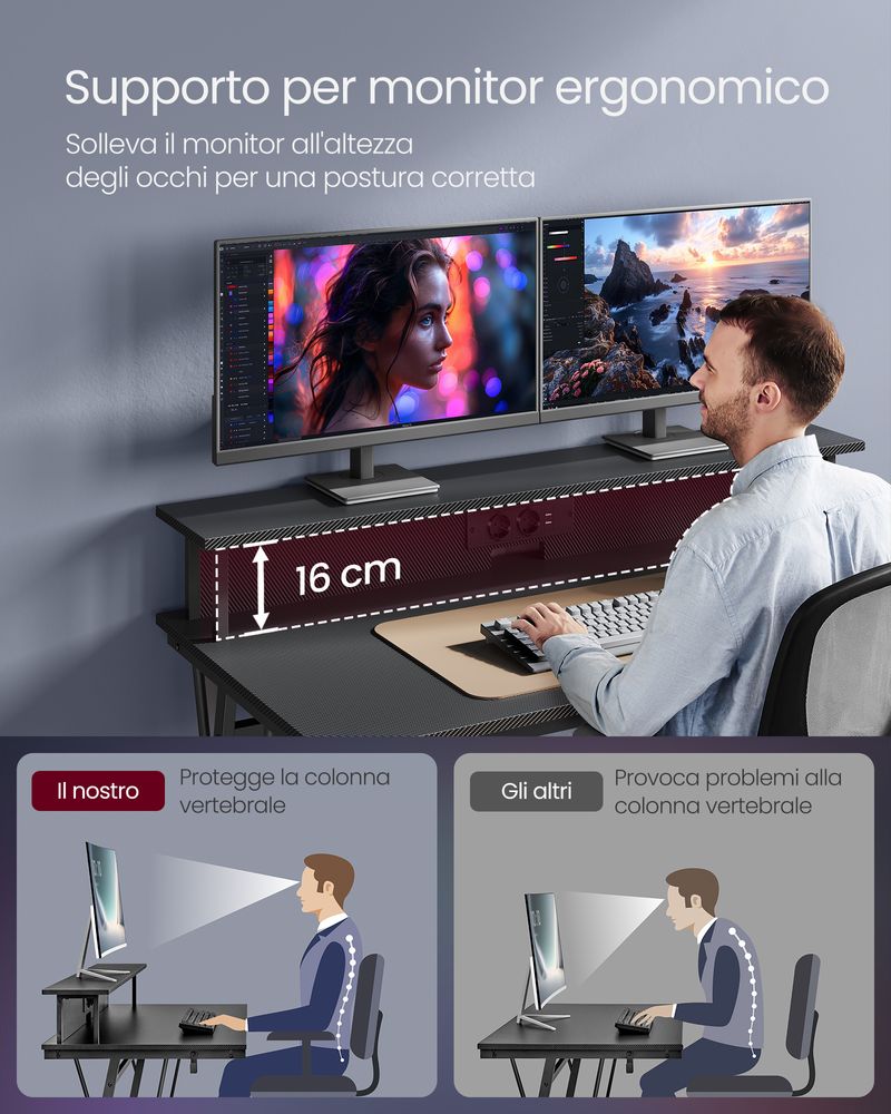 Scrivania Da Gaming Con Luci LED E Prese USB - Tavolo PC Per 2 Monitor, Ripiano Solido E Altezza Regolabile - Nero Ebano