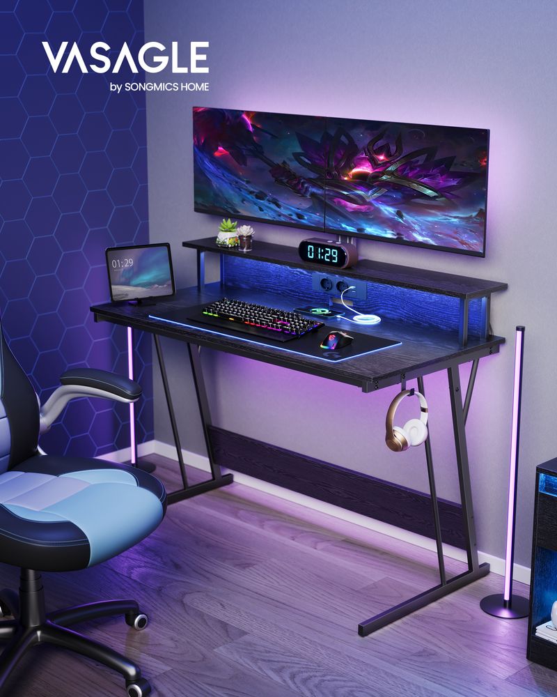 Scrivania Gaming LUISY, Design Sportivo con LED, Struttura in Acciaio,  color Nero 