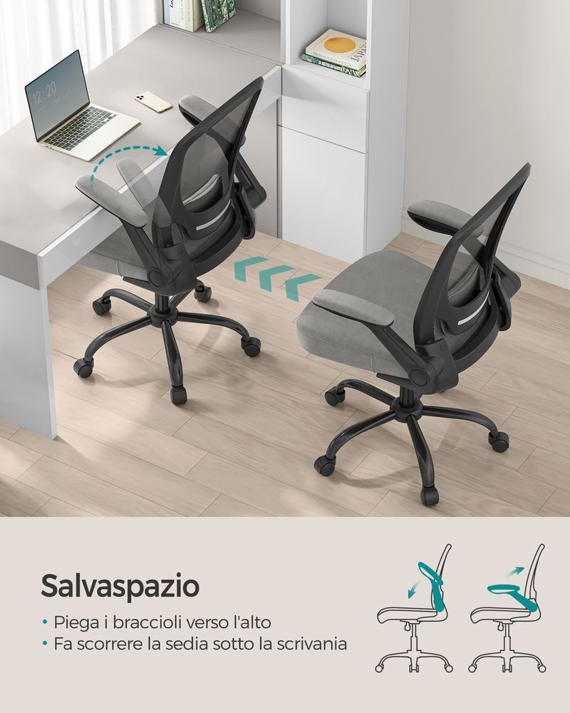 SONGMICS Sedia da Ufficio, Girevole, di Rete, da Computer Ergonomica,  Supporto Lombare Imbottito, Funzione Oscillante, Seduta 53 cm, Braccioli  Pieghevoli, Nero/Bianco + Nero