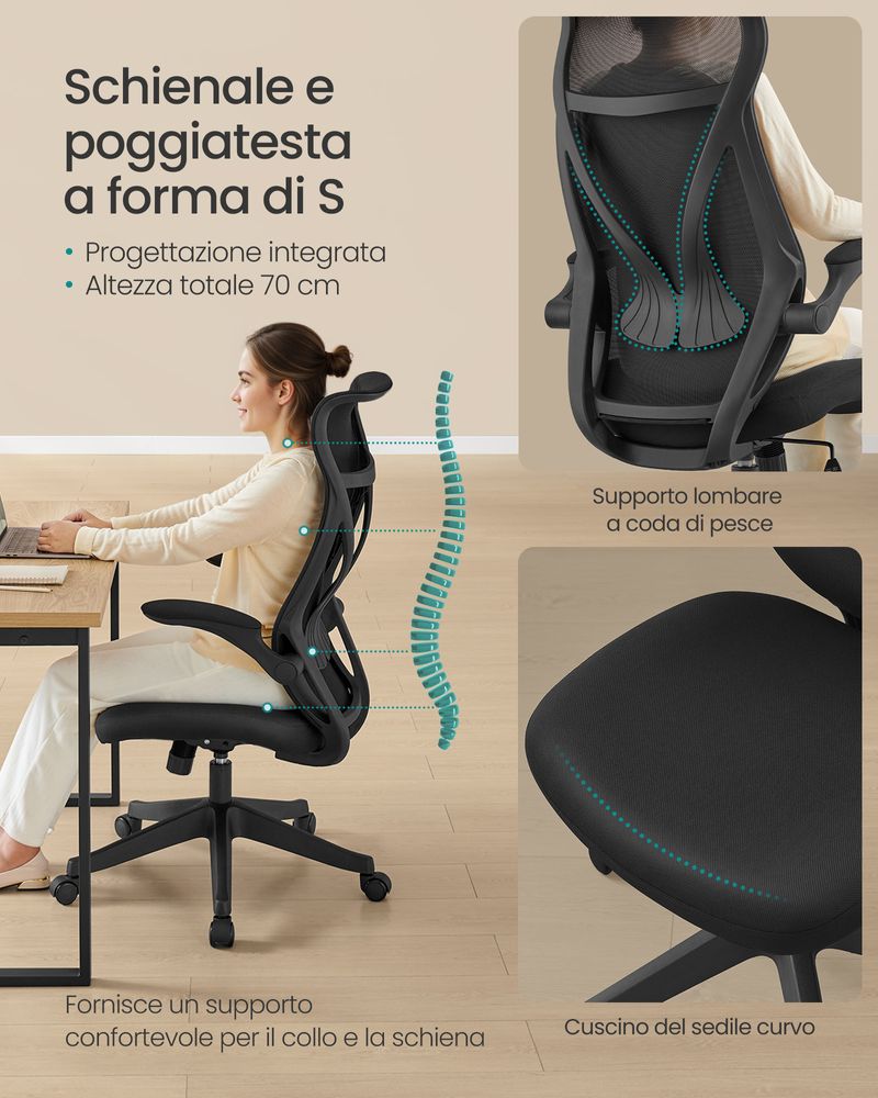 Sedia Ufficio Ergonomica In Rete Con Poggiatesta E Braccioli Ribaltabili - Supporto Lombare, Portata 150 Kg