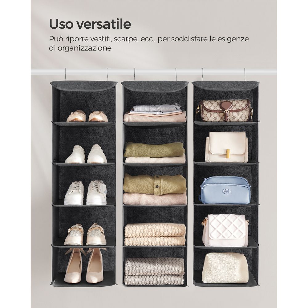 Organizer Appendere Per Scarpe 10 Ripiani: Scarpiera Da Armadio In Tessuto Non Tessuto, Pieghevole E Salvaspazio, Per Scarpe, Cappelli, Borse, Accessori (Nero/Grigio)