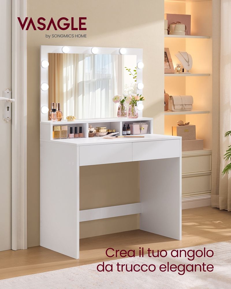 Tavolo Da Toeletta Gurexl Con Specchio LED RGB, Cassetti E Piano In Vetro, Ricarica Wireless, Bianco, Per Camera Da Letto - 2