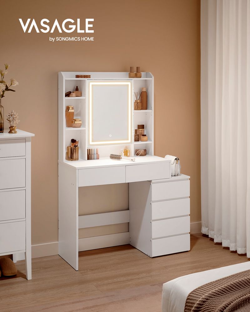 Toeletta Da Trucco Con Specchio LED E 7 Cassetti - Tavolo Makeup Regolabile Rosa Per Camera - Foto 3