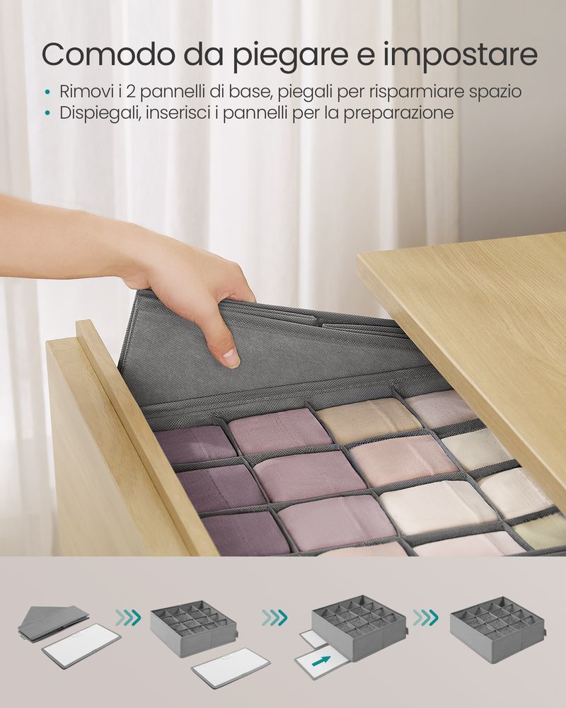 Mezzar Set 6 Organizer Pieghevoli Per Cassetti - Divisori In Tessuto Non Tessuto Per Intimo, Calze, Reggiseni, Cravatte (Grigio)