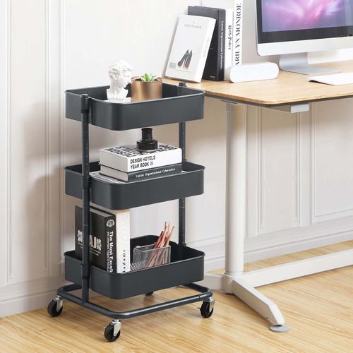 Carrello di Servizio con Manico e 2 Piccoli Organizzatori Bianco BSC067W01 Struttura in Acciaio SONGMICS Carrello Scorrevole Cestini di Plastica Trolley a 3 Livelli per Bagno Lavanderia