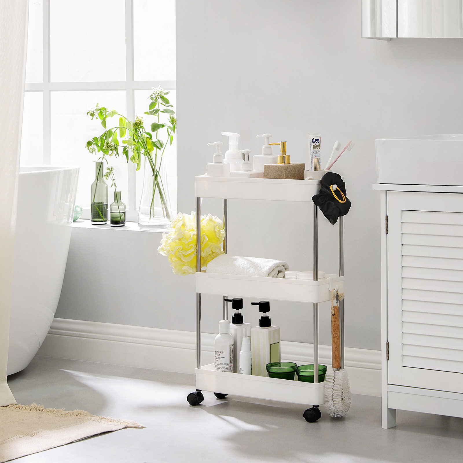Carrello Portaoggetti SONGMICS 3 Livelli - 60.6cm, Con Ruote E Ganci, Bianco, Per Cucina/Bagno - Foto 10