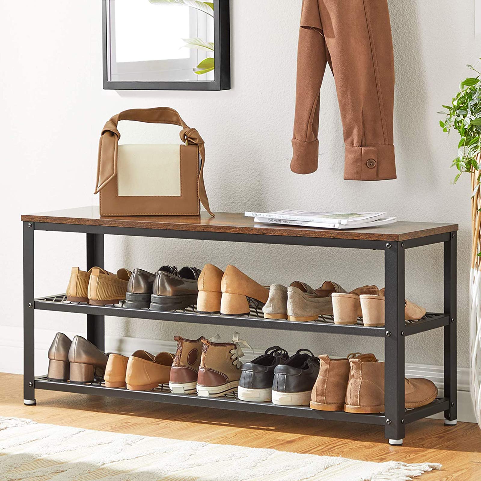 Panca Porta Scarpe Relaxdays Stile Industriale – Con Cuscino, 3 Scomparti, 46x80x30 Cm, Marrone/Nero
