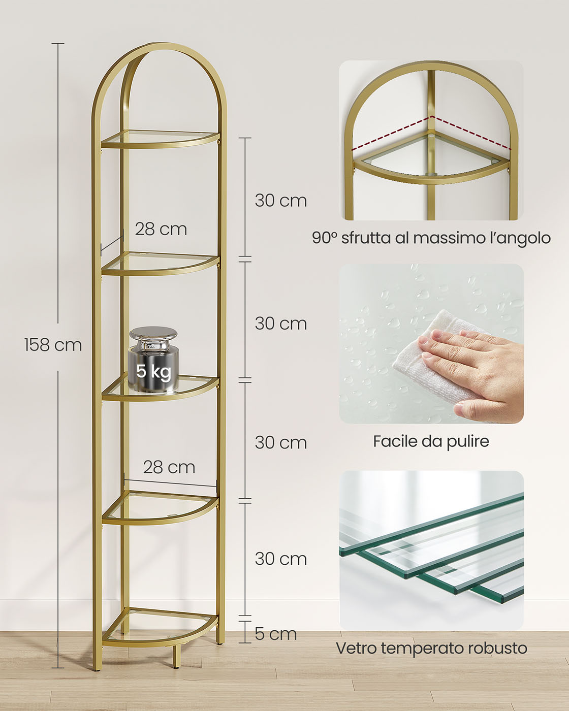 Scaffale ad Angolo in Vetro a 5 Livelli VASAGLE