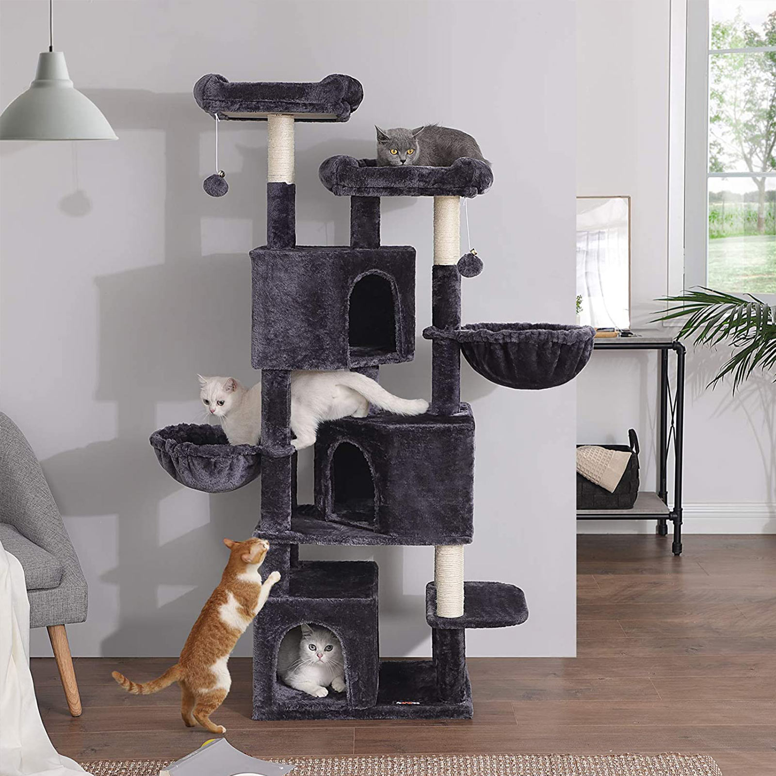 FEANDREA Tiragraffi con 3 Casette, Albero per Gatti 164 cm, Grigio Fumo PCT98G FEANDREA Tiragraffi con 3 Casette, Albero per Gatti 164 cm, Grigio Fumo PCT98G